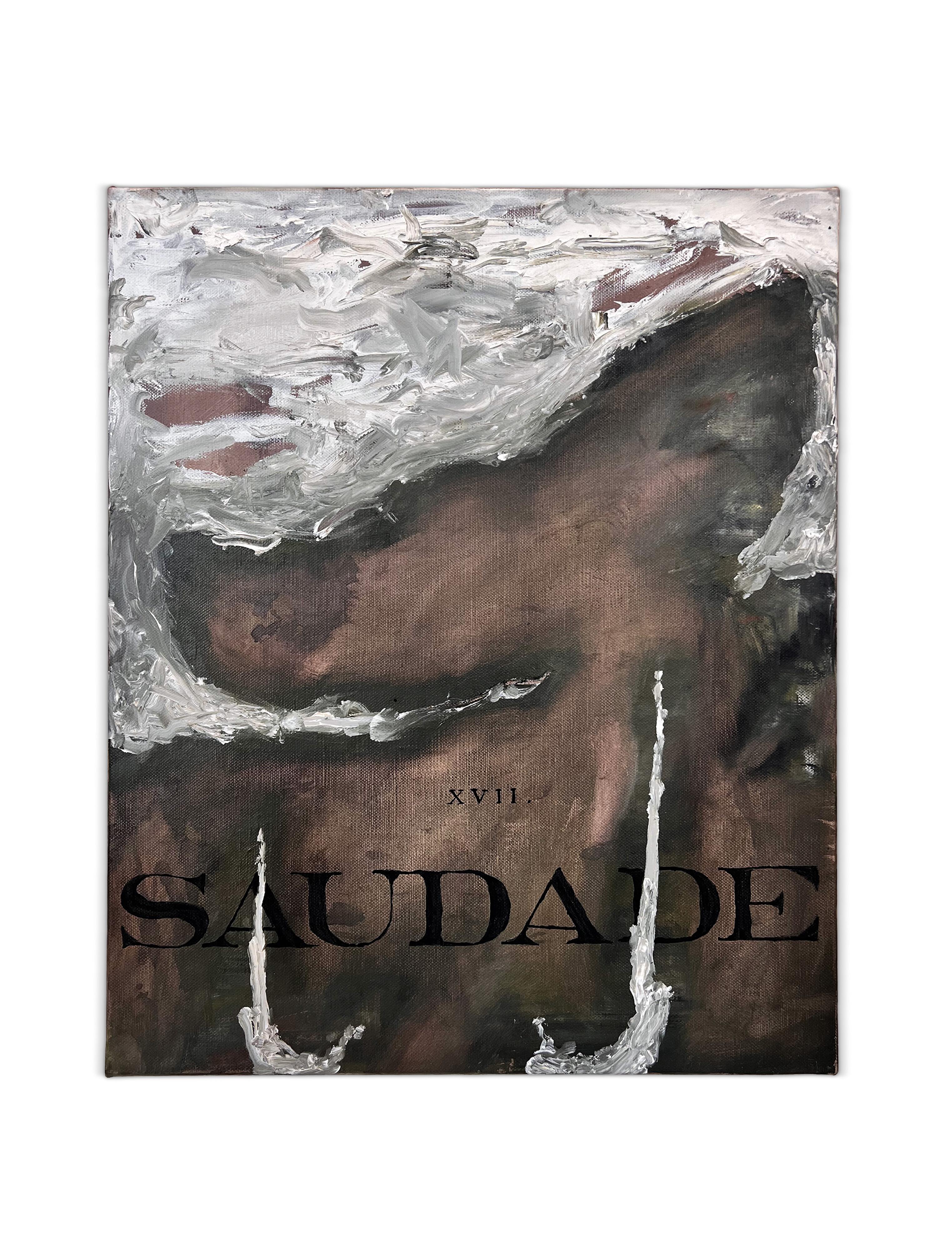 „Saudade“ (schwarz-weiß, reichhaltig, Text, Schrift, abstrakt, surreal, natürlich, neutral) – Painting von Nicholas Evans