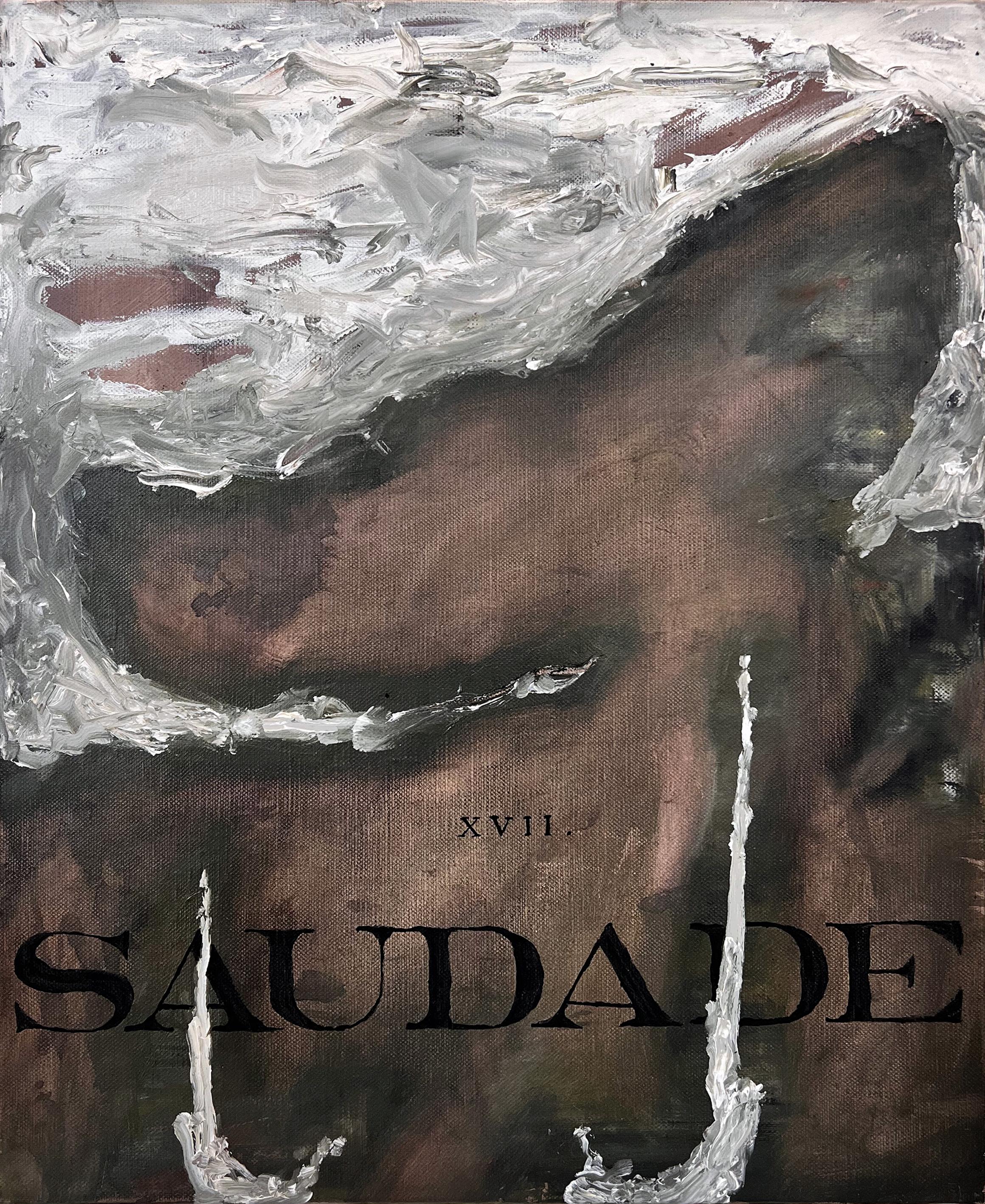 Nicholas Evans Abstract Painting – „Saudade“ (schwarz-weiß, reichhaltig, Text, Schrift, abstrakt, surreal, natürlich, neutral)