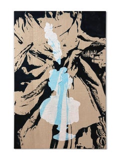 "Set Us In Stone I" (abstract, blue, Parisian, graphic, bust on natural canvas)