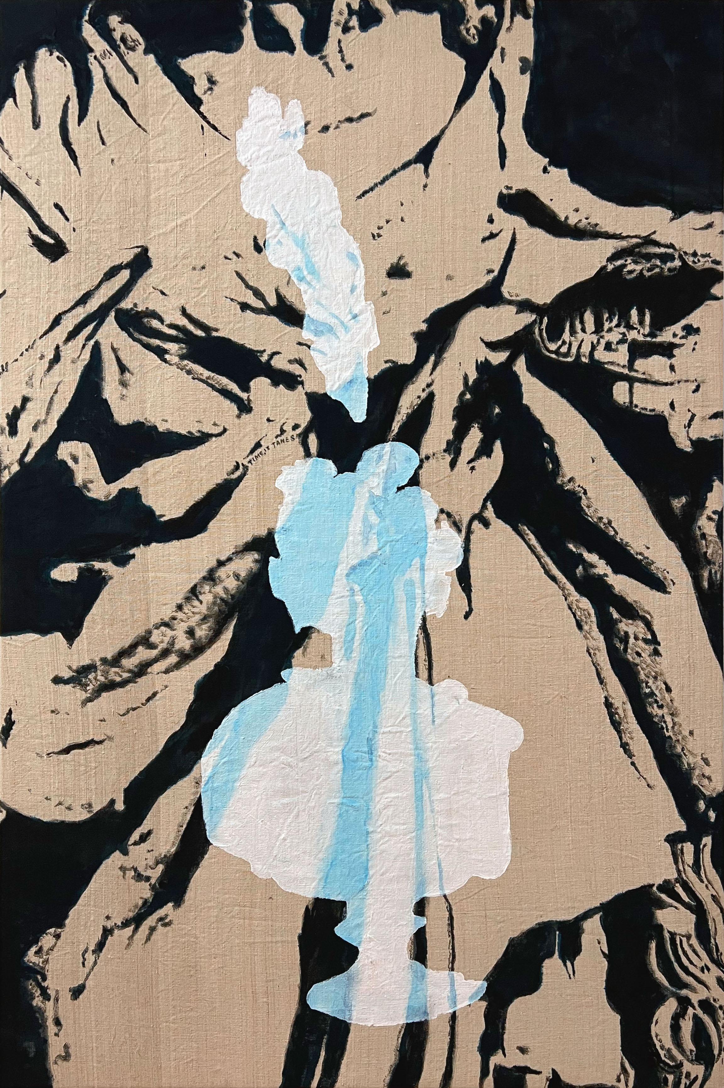 "Set Us In Stone I" (abstract, blue, Parisian, graphic, bust on natural canvas)