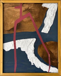 "Silo" (Abstract, Red, Navy, Bold Shapes; Plaster on Wood; Gold and Black Frame)