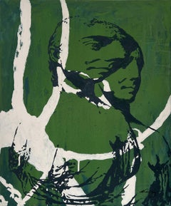 "Simulacrum" (two faces, green, navy, bold, graphic abstract painting on canvas)