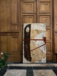 "Some Spain" (Abstract, Neutral, Graphic, Bold, Black & White painting on Wood)