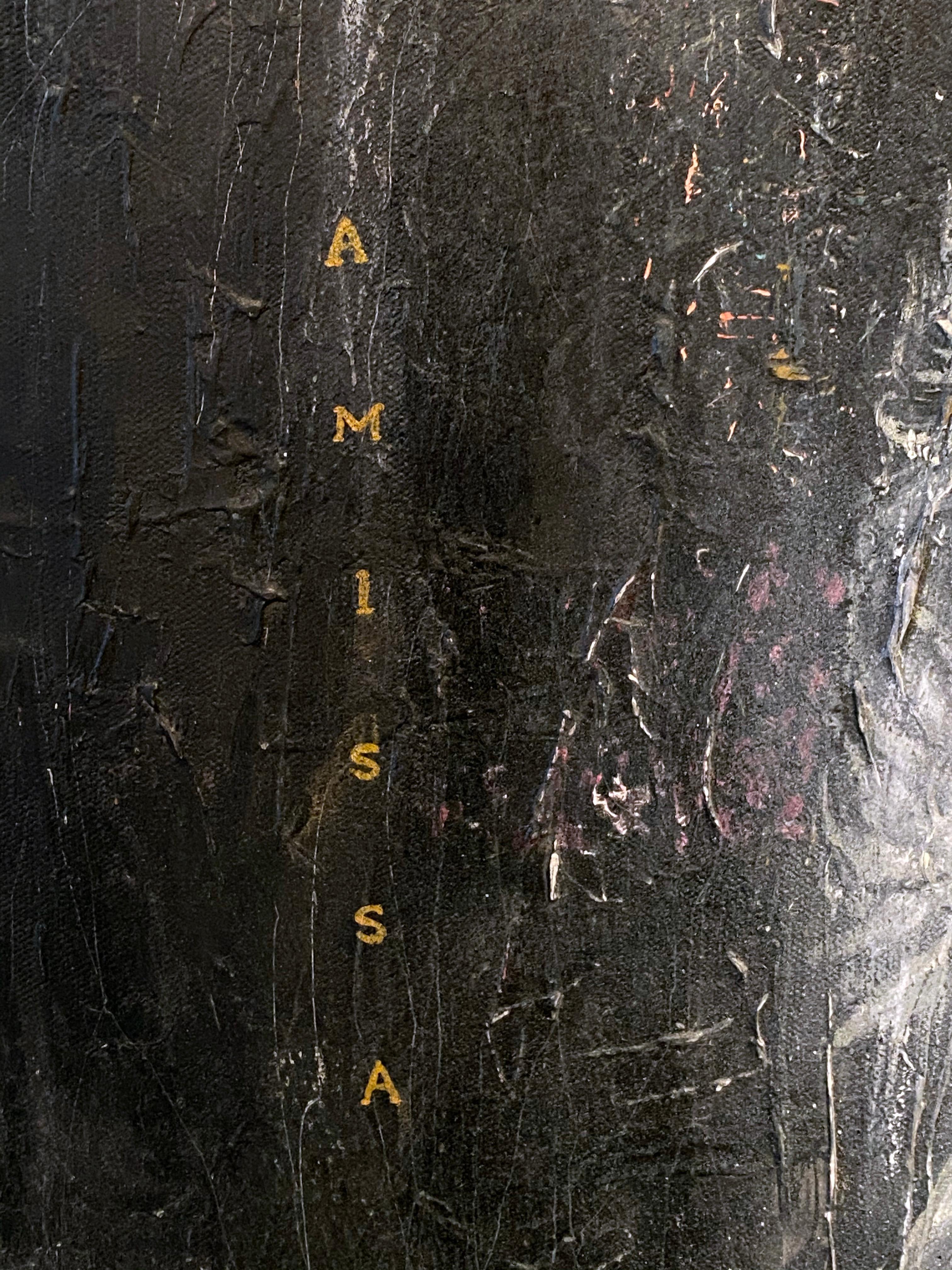 SPECTRE 
2018

A ghostly figure with a gold halo has the words “Amissa” to his right, and “Anima Mea” to his left – hand-painted vertically in gold type. In Latin, “Amissa Anima Mea” translates to “Lost Soul” – and adds to the mysterious nature of