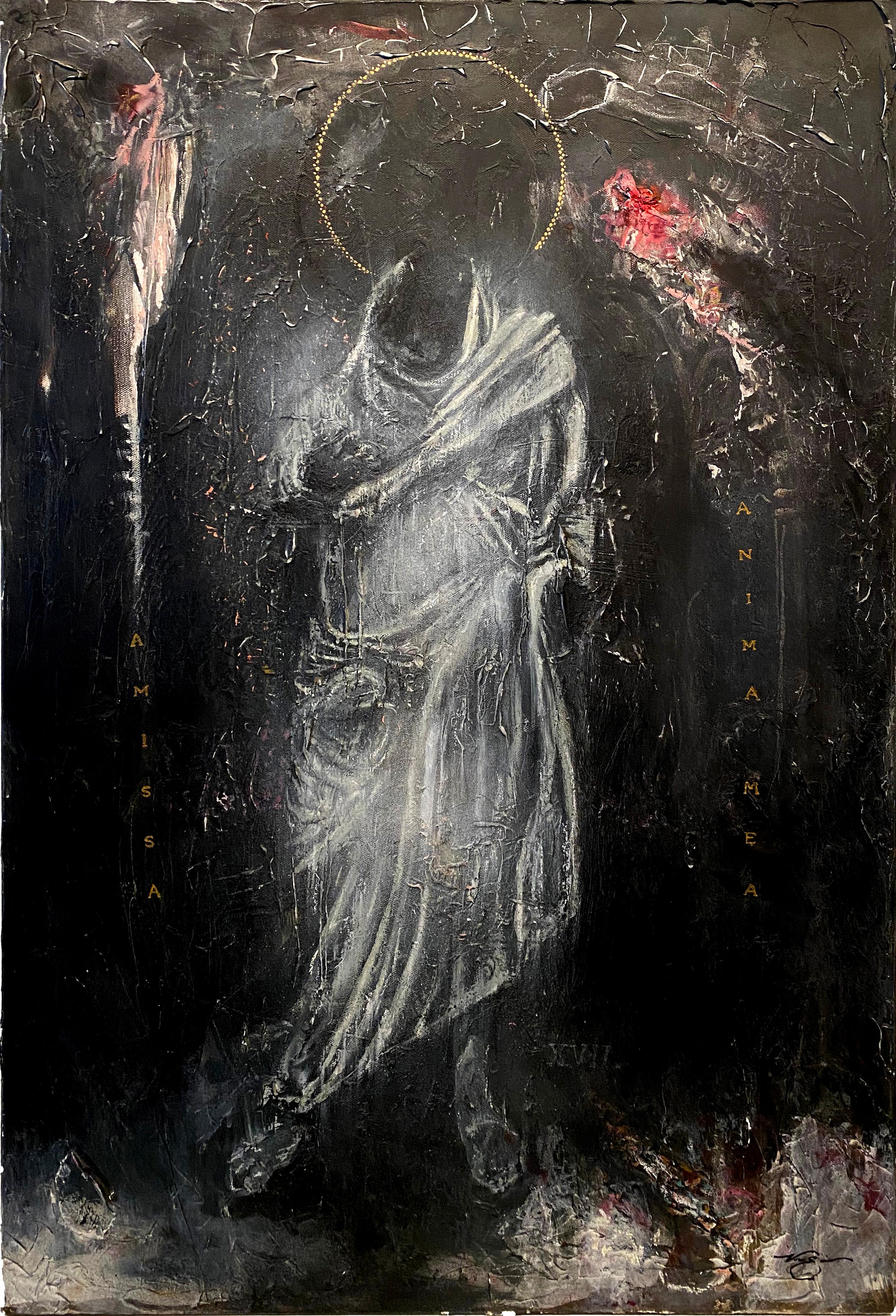 Nicholas Evans Figurative Painting - “Spectre” (Contemporary, Cerebral, Figurative, Black Canvas Painting with Type) 