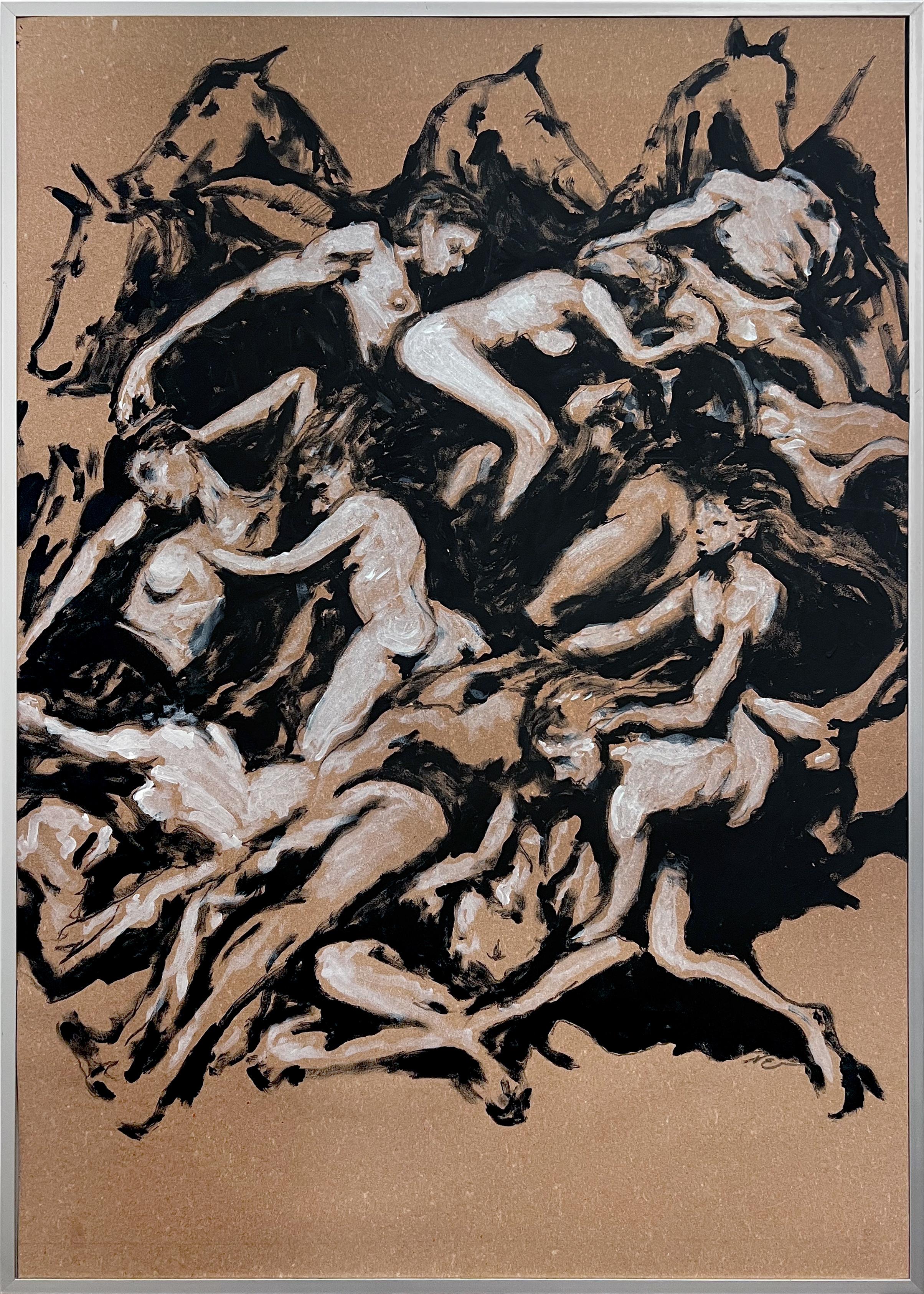 Nicholas Evans Abstract Painting – "Stirrings Of The Ceiling" (Weiblich, Akt, Pferde, Körper, Papier, Tier, Gerahmt)