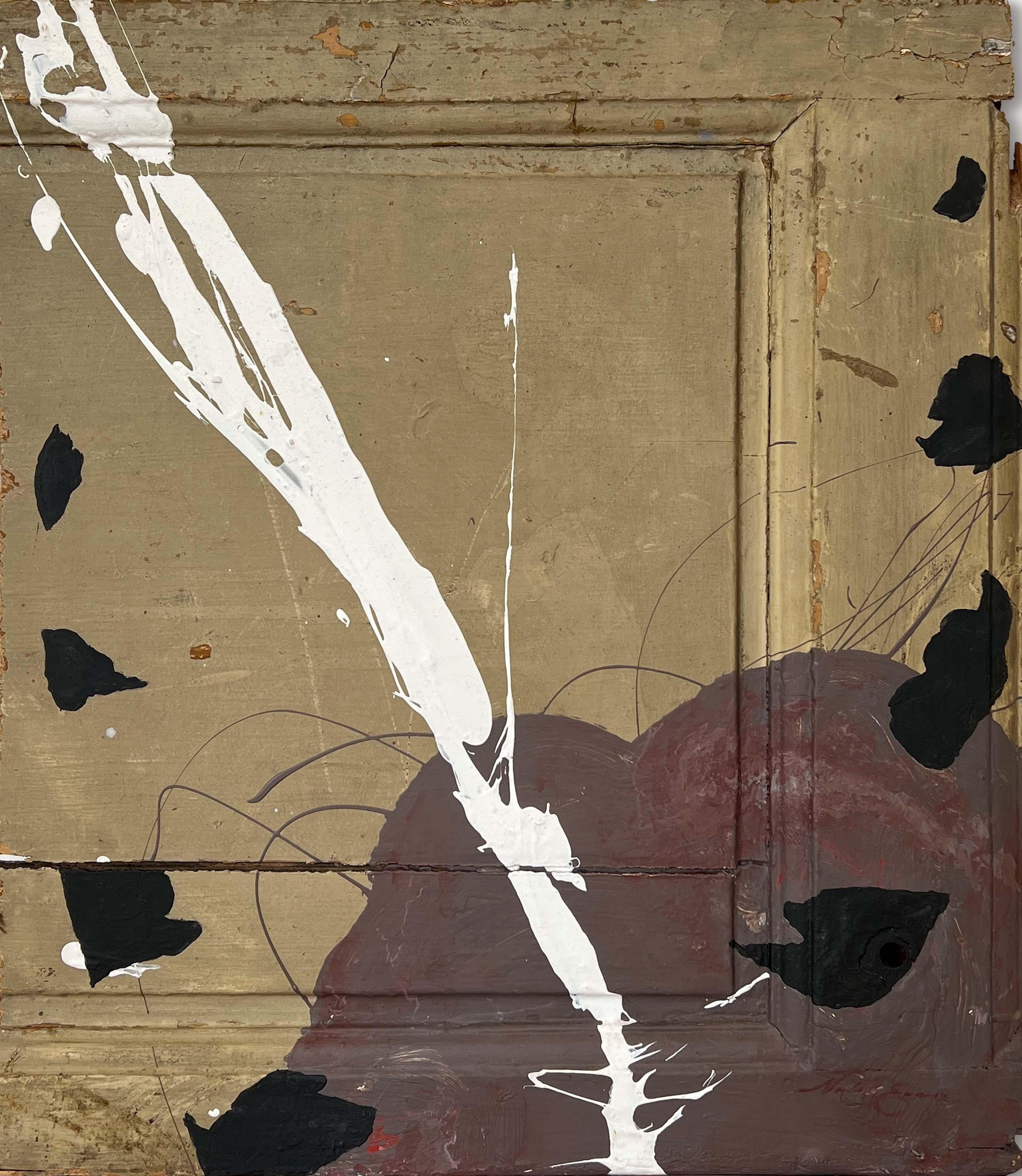 Nicholas Evans Abstract Painting - "SUTIV" (Abstract, Bold, Graphic, Neutral, Painting on Antique Wood Door)