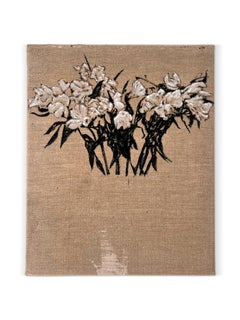 "Take Me With You" (Contemporary, weiß, schwarz, floral, Gemälde, antikes Leinen)