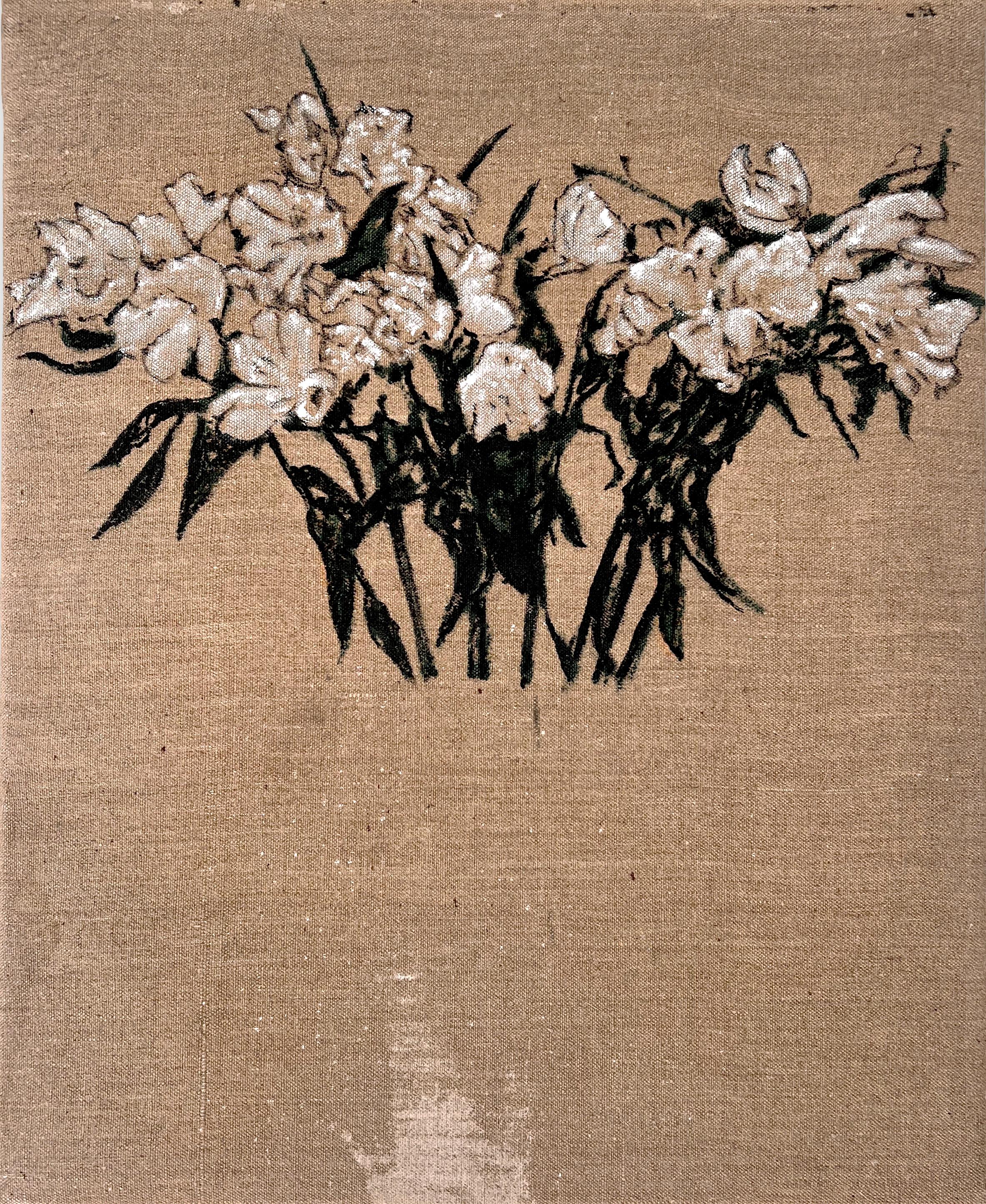 "Llévame contigo" (contemporáneo, blanco, negro, floral, pintura, lino antiguo)