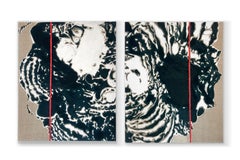 "Time, It Takes II" (abstracto, blanco y negro, tinta verde azulada, naranja, díptico)