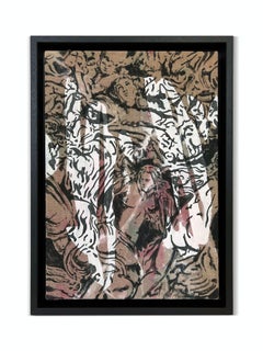 "Vesuvio" (dipinto astratto, rosa, bianco, figura, storico, incorniciato su lino)