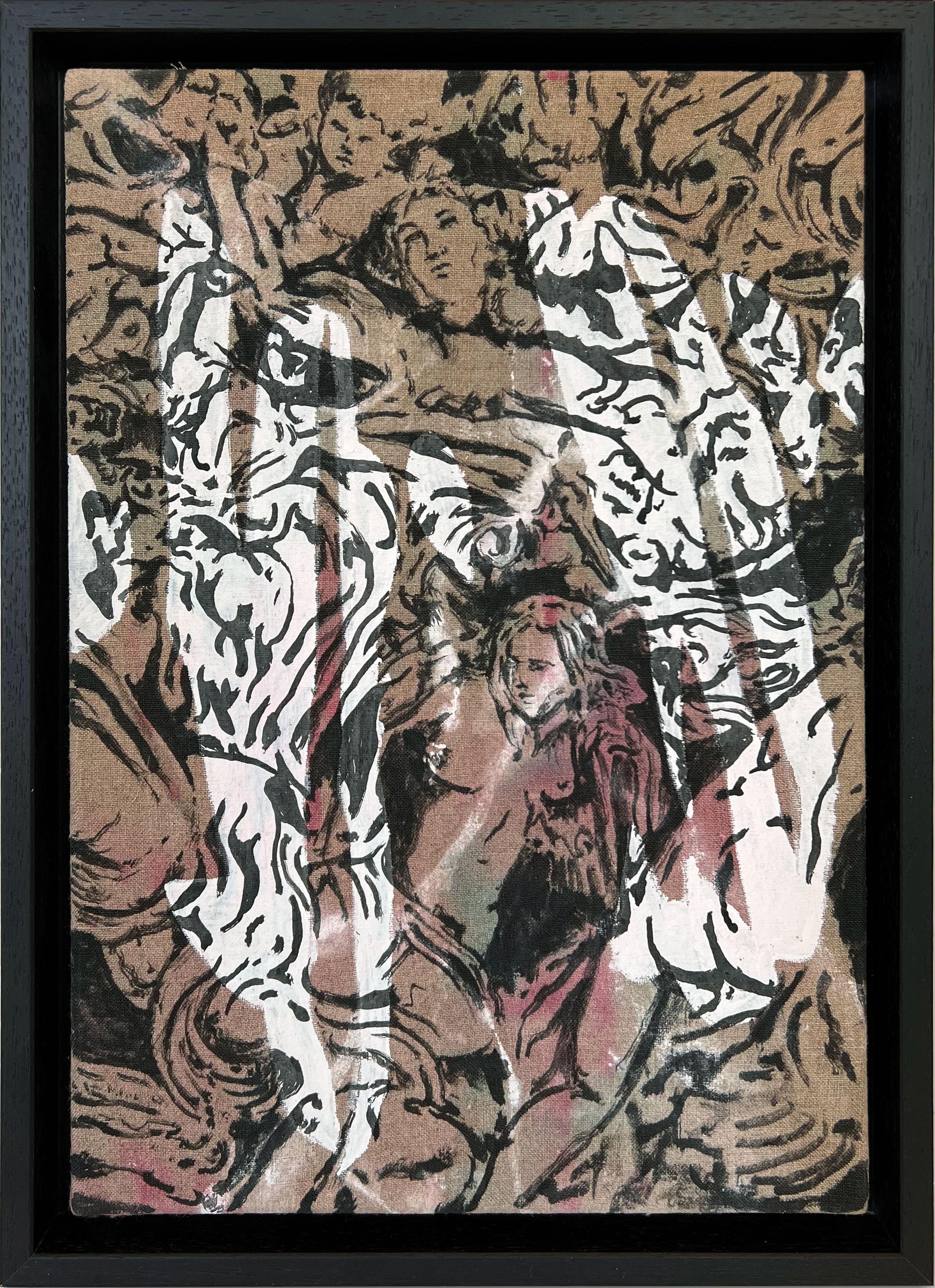 Figurative Painting de Nicholas Evans - "Vesubio" (pintura abstracta, rosa, blanca, figura, histórica, enmarcada sobre lino)