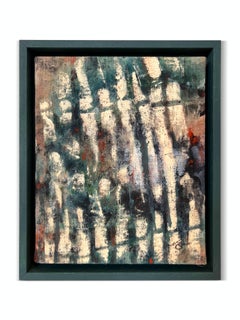 "Villa de Diomedes" (pintura abstracta, a rayas azul verdoso, enmarcada, sobre lino)