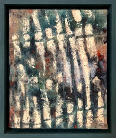 "Villa of Diomedes" (abstract, blue-green striped, framed painting on linen)