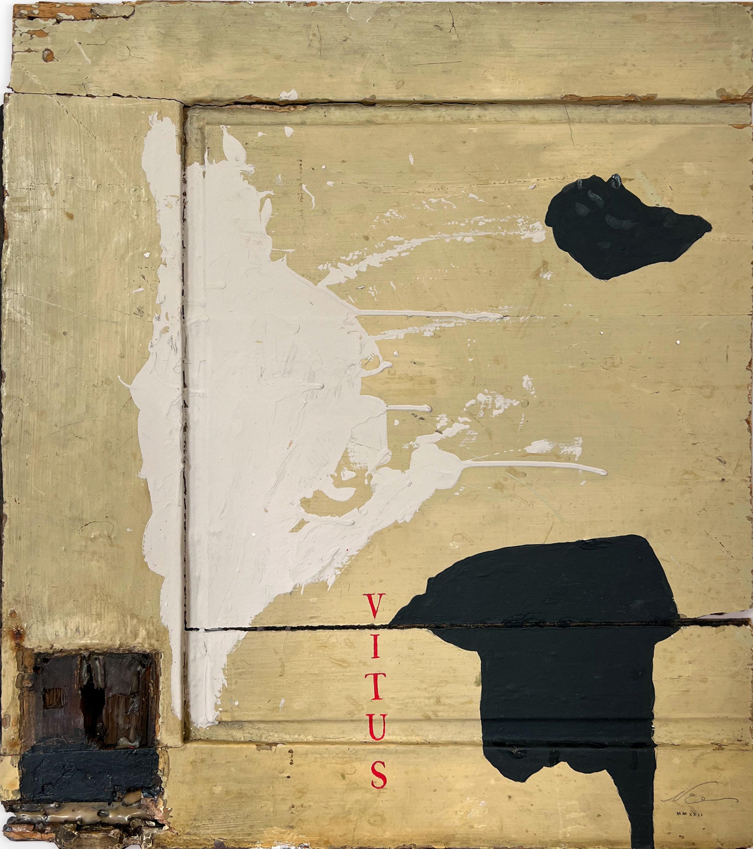 Abstract Painting de Nicholas Evans - "VITUS" (Pintura abstracta, atrevida, gráfica y neutra sobre puerta de madera antigua)