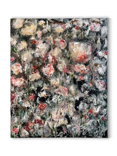 « Avec les sauvages » (abstrait, fleurs, faune, roses, peinture à l'huile, vert, rose)