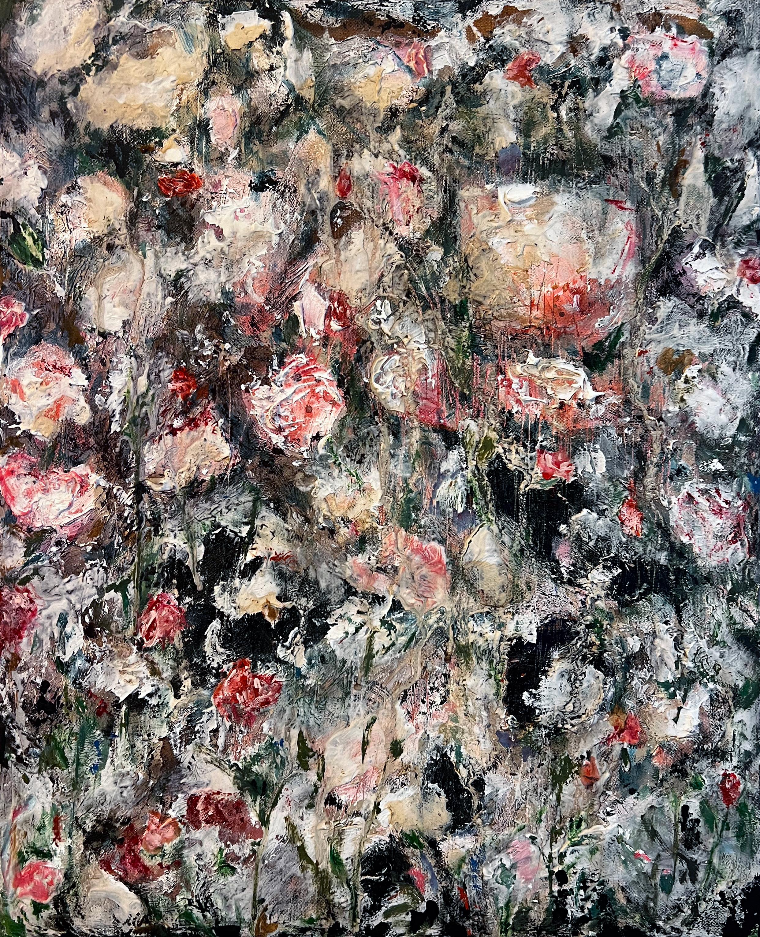 Nicholas Evans Landscape Painting – „With The Wild Ones“ (abstrakt, Blumen, Tierwelt, Rosen, Ölgemälde, grün, rosa)