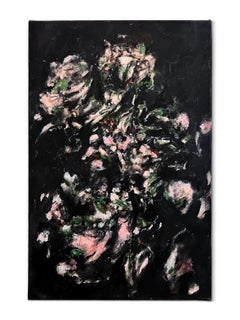 "Petali di Spettri" (astratto, scuro, floreale, paesaggio, nero, rosa, verde, tela)