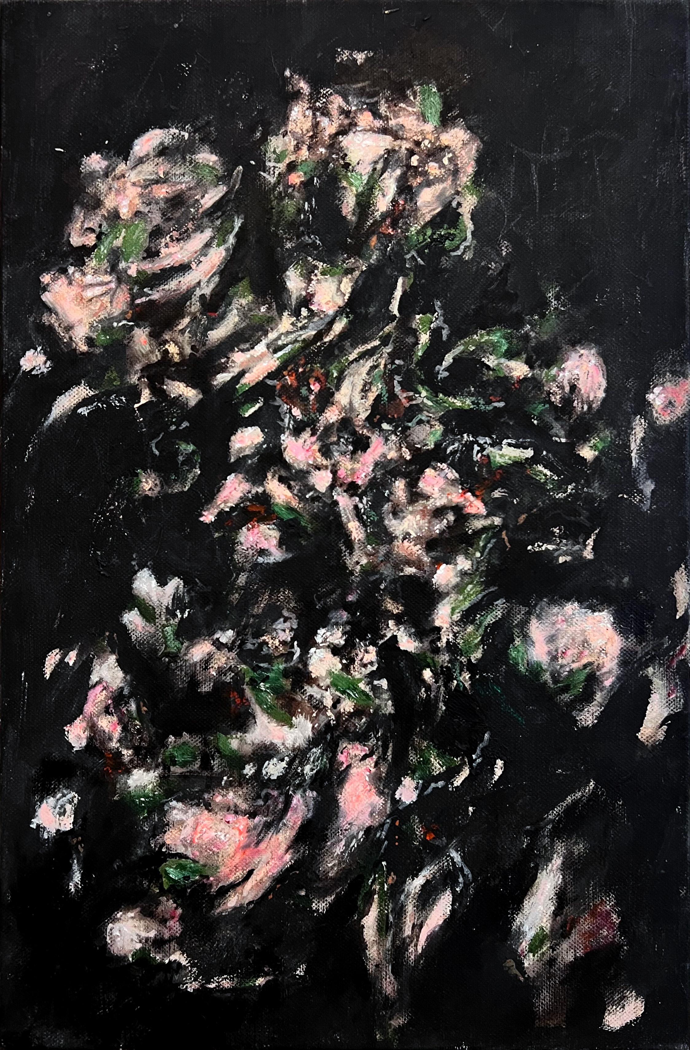 "Petali di Spettri" (astratto, scuro, floreale, paesaggio, nero, rosa, verde, tela)