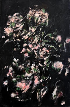 "Petali di Spettri" (astratto, scuro, floreale, paesaggio, nero, rosa, verde, tela)