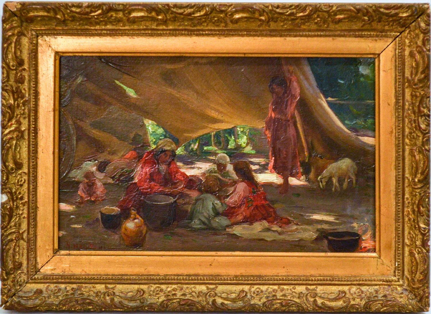 "Gypsy Family Cooking" Oil on Panel 6 1/4 x 9 3/4 Painted in Russia - Painting by Nicholas Haritonoff