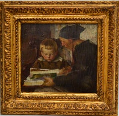 Nicholas V. Haritonoff, "Reading to Young Child" Oil on Panel 6 x 6 1/4 Russian 