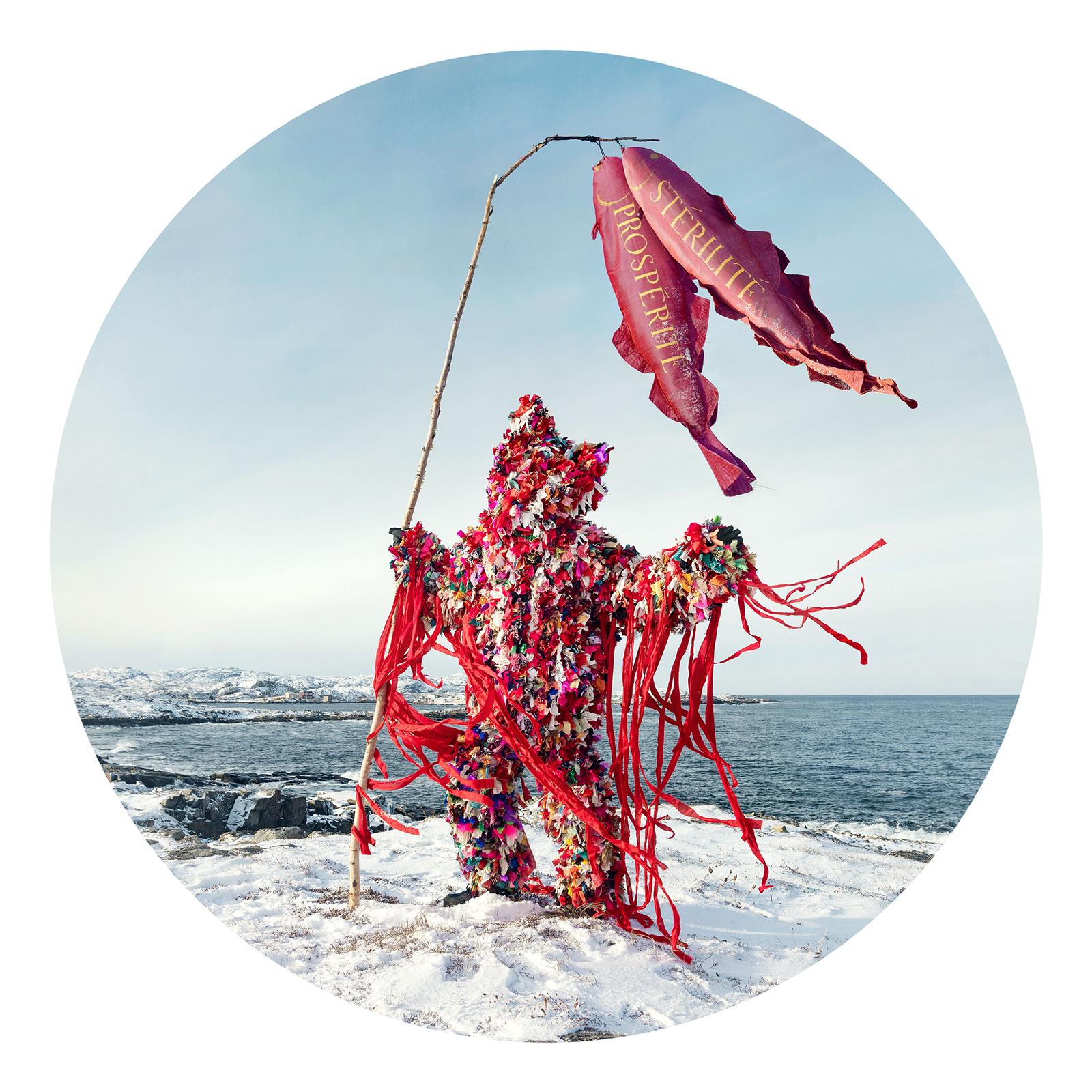 Nicholas Kahn & Richard Selesnick Figurative Photograph - Raggy (Circular Color Photograph of Red Mythical Figure in an Arctic Landscape) 