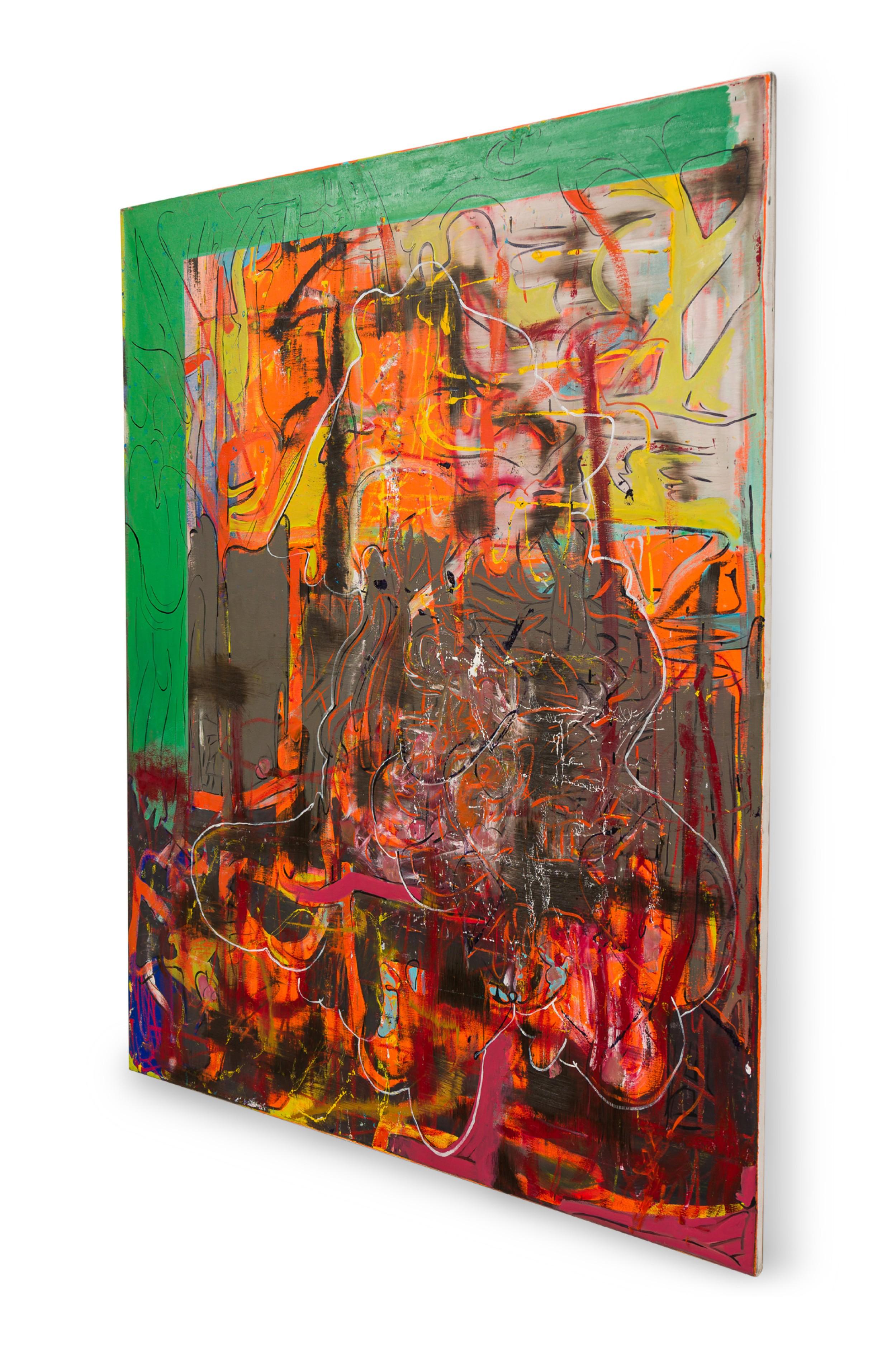 American Contemporary großes dynamisches Gemälde in einer mehrfarbigen Palette mit einer Spannung zwischen gestischen und automatischen Strichen, die zu einem dichten dynamischen Werk beitragen, das Straßen- und Graffiti-Kunst auf eine Leinwand