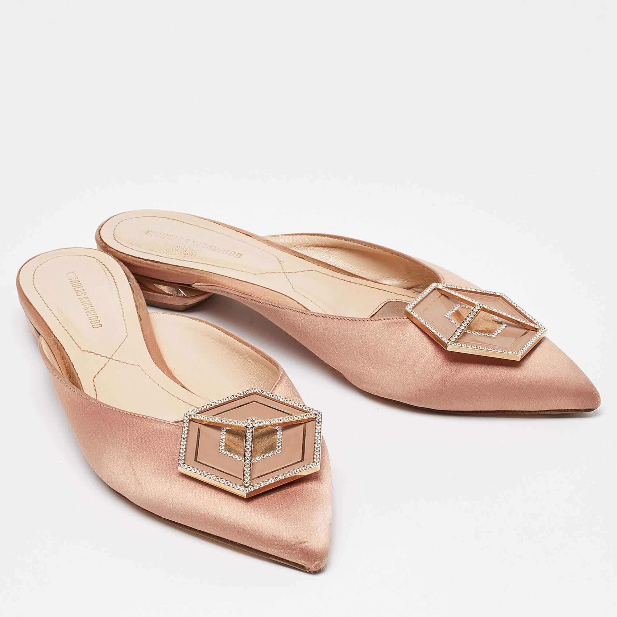 Women's Nicholas Kirkwood Beige Satin Eden Crystals Embellished Flat Mules Size 38 For Sale
