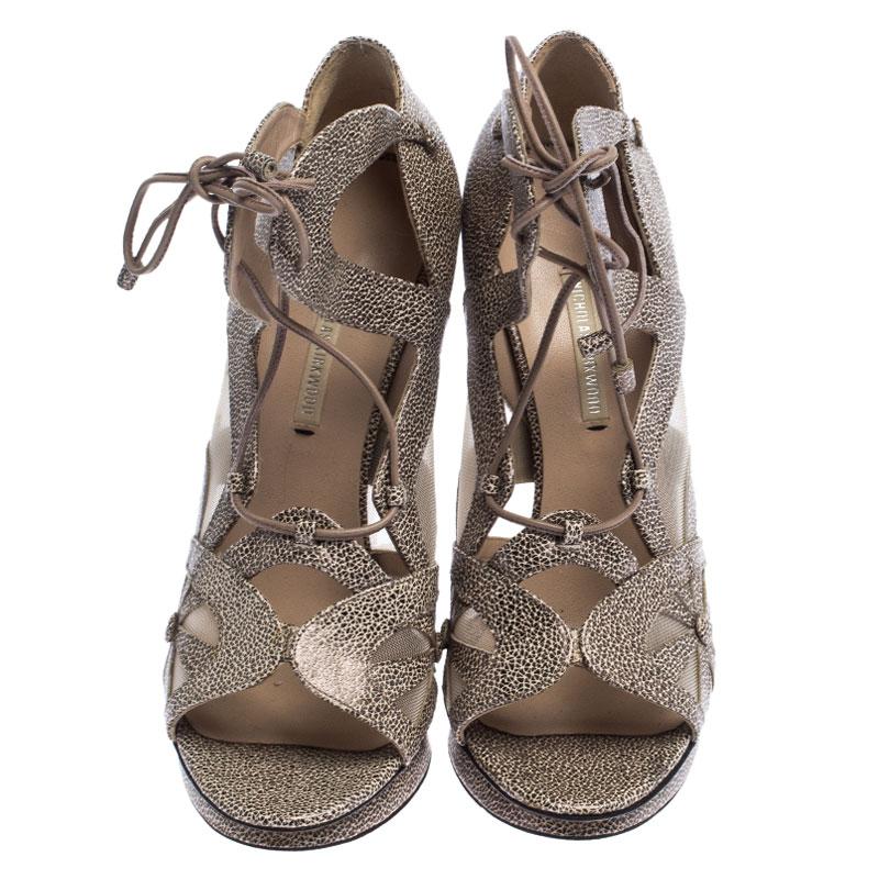 Gray Nicholas Kirkwood Black/Beige Textured Leather and Mesh Lace Up Platform Sandals