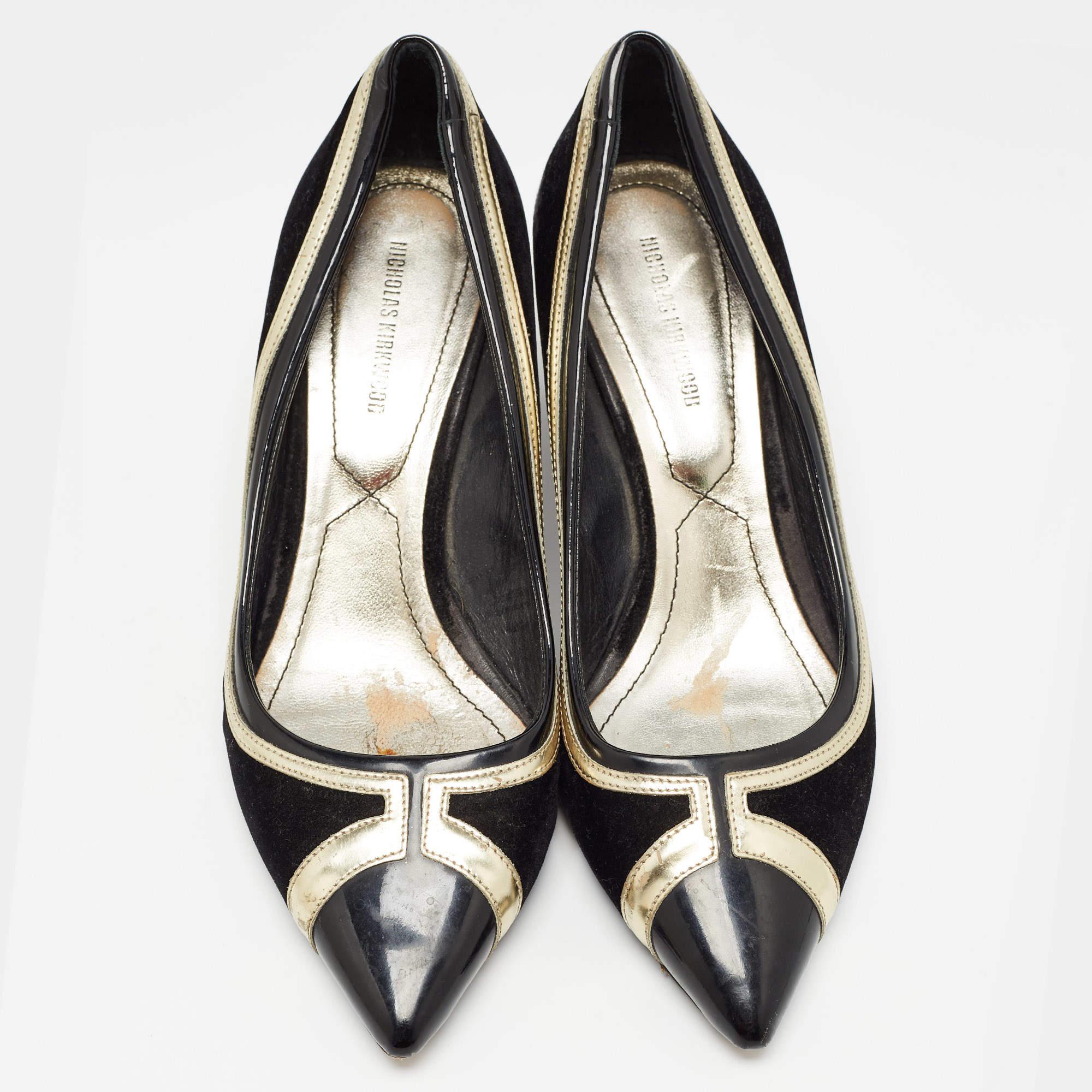 Nicholas Kirkwood Black/Gold Suede and Leather Pointed Toe Pumps Size 37 In Excellent Condition For Sale In Dubai, Al Qouz 2