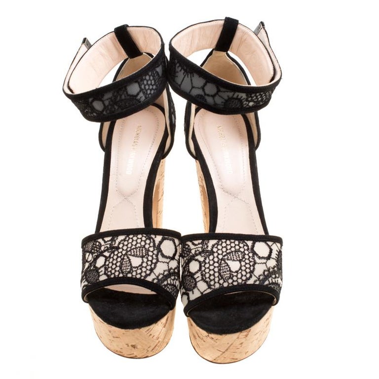 Nicholas Kirkwood Black Lace Maya Pearl Platform Ankle Strap Sandals ...