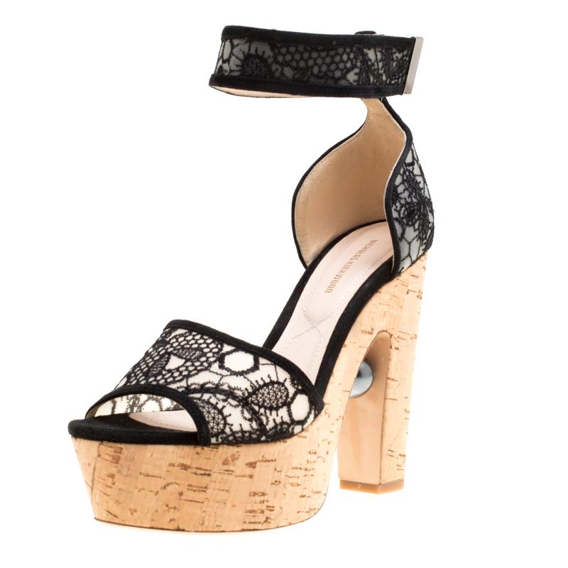 Nicholas Kirkwood Black Lace Maya Pearl Platform Ankle Strap Sandals Size 38 1