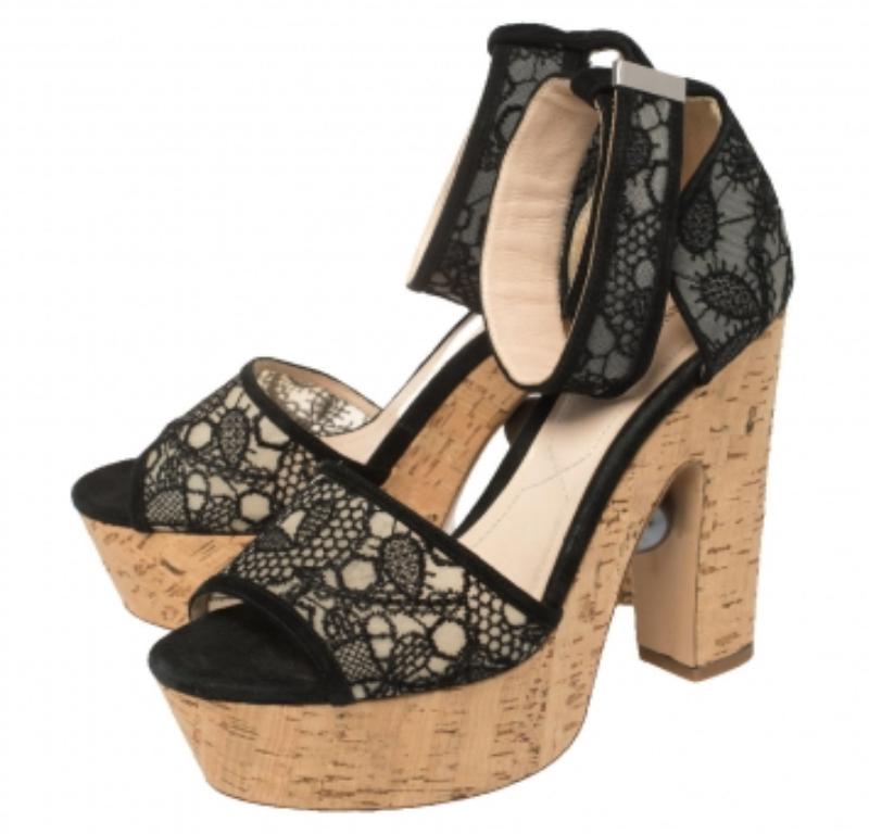 Brown Nicholas Kirkwood Black Lace Maya Pearl Platform Ankle Strap Sandals Size 39.5 For Sale