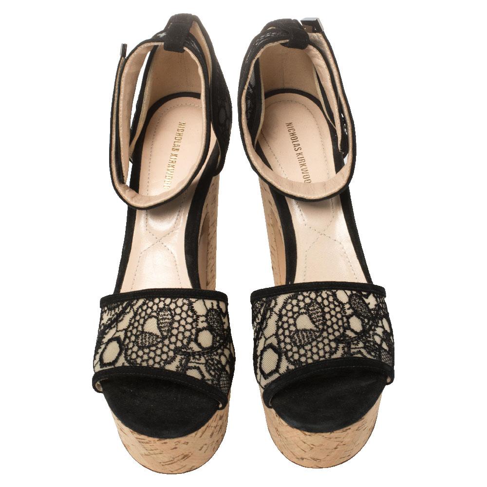 Nicholas Kirkwood Black Lace Maya Pearl Platform Ankle Strap Sandals Size 40 In Excellent Condition In Dubai, Al Qouz 2