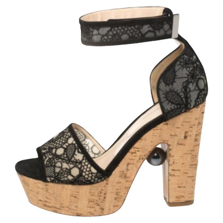 Nicholas Kirkwood Black Lace Maya Pearl Platform Ankle Strap Sandals Size 40