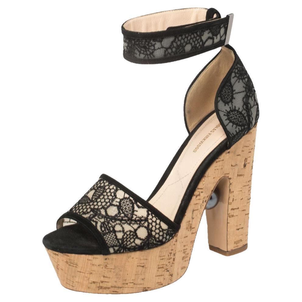 Nicholas Kirkwood Black Lace Maya Pearl Platform Ankle Strap Sandals Size 40 For Sale