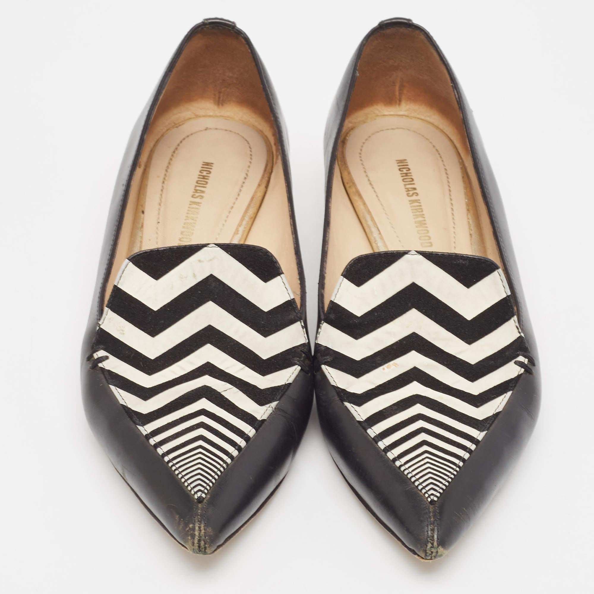 Noir Nicholas Kirkwood - Ballerines à bout pointu en cuir noir Beya Zigzag - Taille 35 en vente
