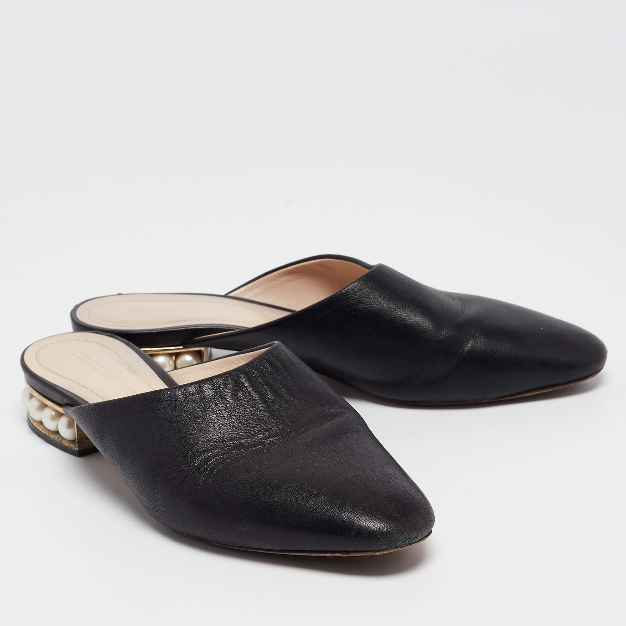 Women's Nicholas Kirkwood Black Leather Casati Flat Mules Size 36 For Sale