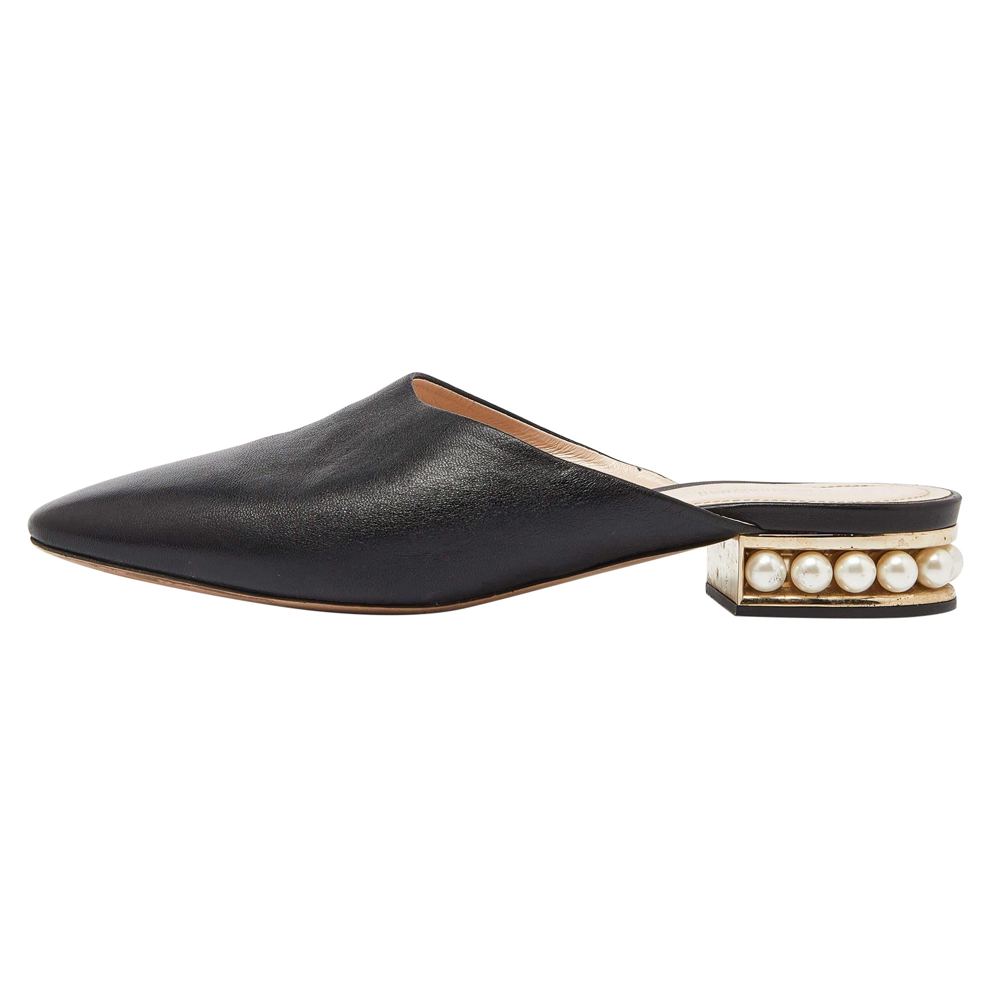 Nicholas Kirkwood Black Leather Casati Pearl Embellished Flat Mules Size 40