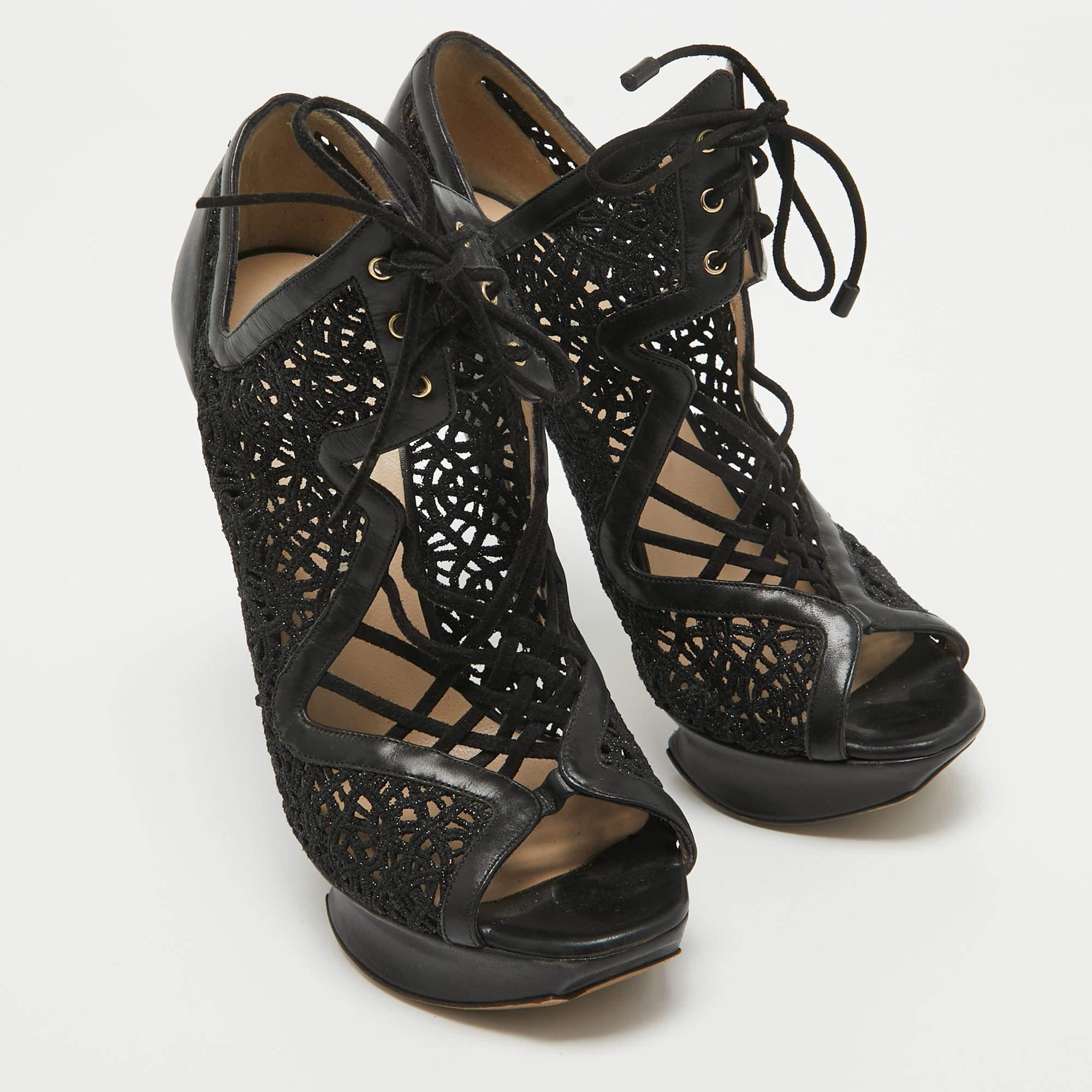 Women's Nicholas Kirkwood Black Mesh and Leather Cutout Lace Up Booties Size 36 For Sale