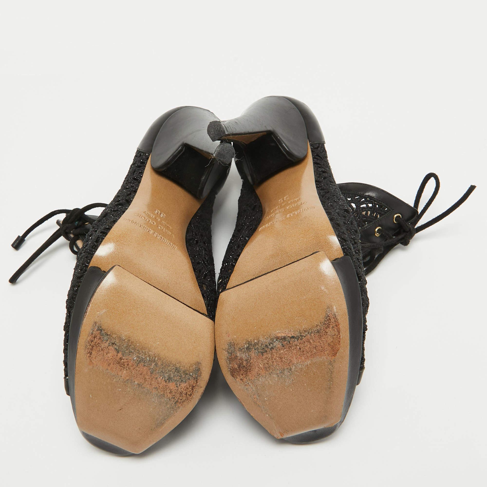Nicholas Kirkwood Black Mesh and Leather Cutout Lace Up Booties Size 36 For Sale 2