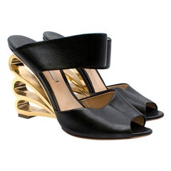 Nicholas Kirkwood Black Mules W/ Gold Metal Wedge Heel