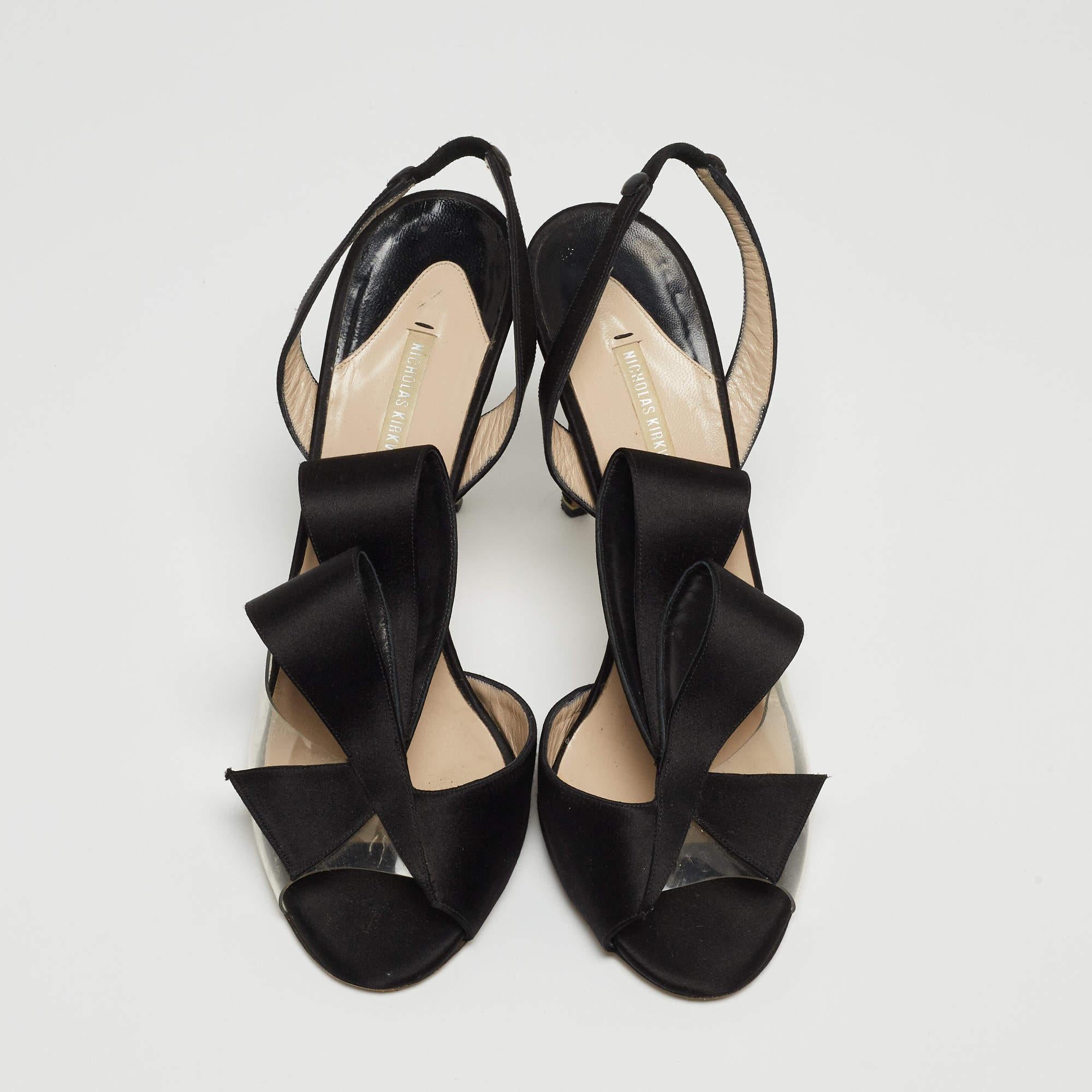 Nicholas Kirkwood Black Satin And PVC Ankle Strap Sandals Size 38.5 In Good Condition For Sale In Dubai, Al Qouz 2