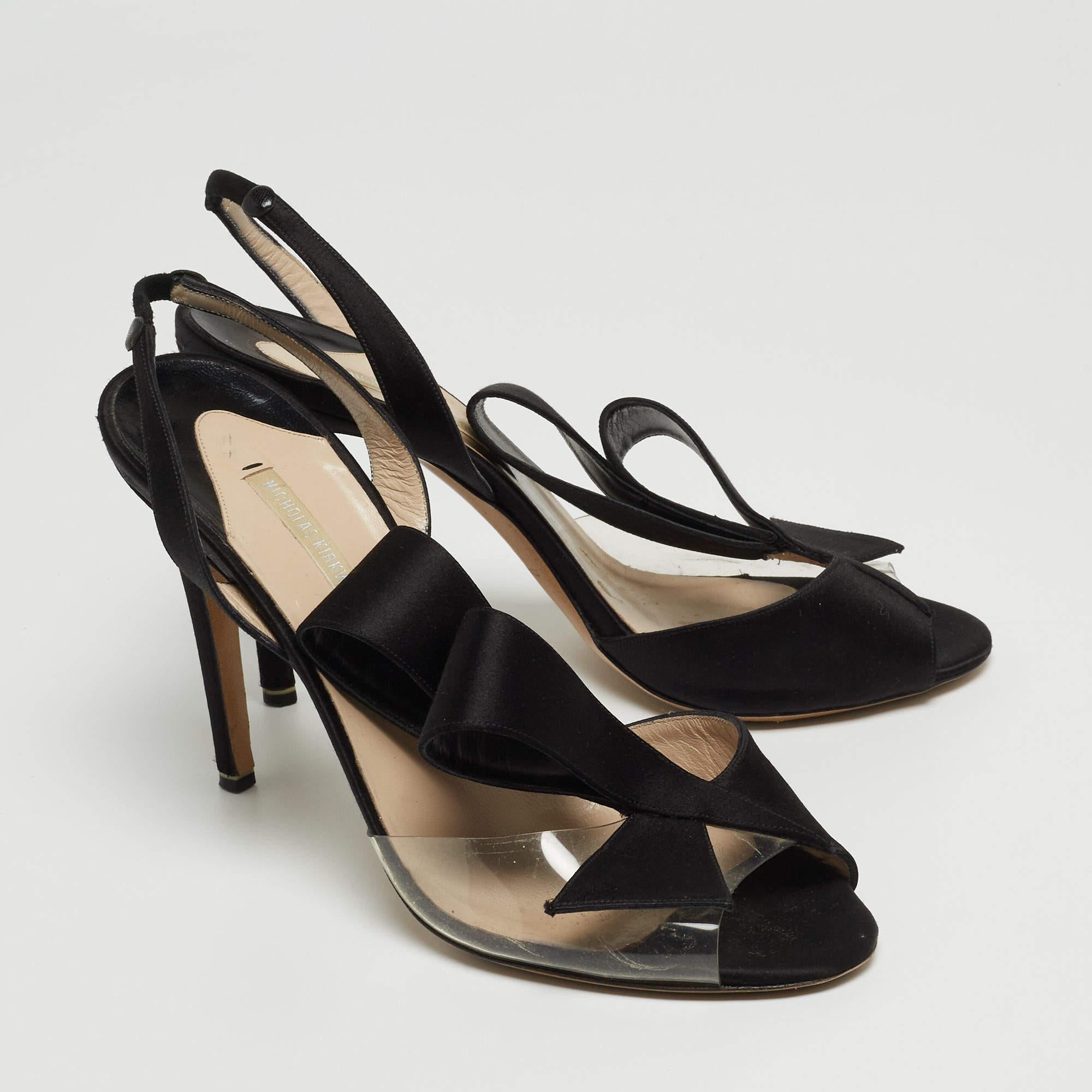 Women's Nicholas Kirkwood Black Satin And PVC Ankle Strap Sandals Size 38.5 For Sale