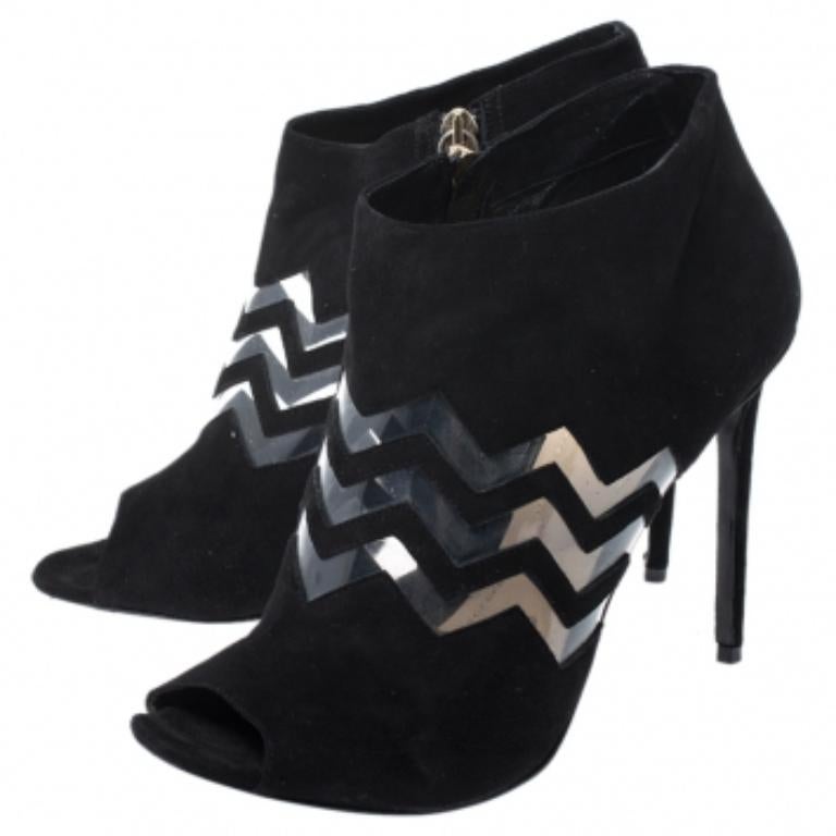 Nero Nicholas Kirkwood - camoscio nero e PVC Chevron Peep Toe Ankle Booties - misura 40 in vendita