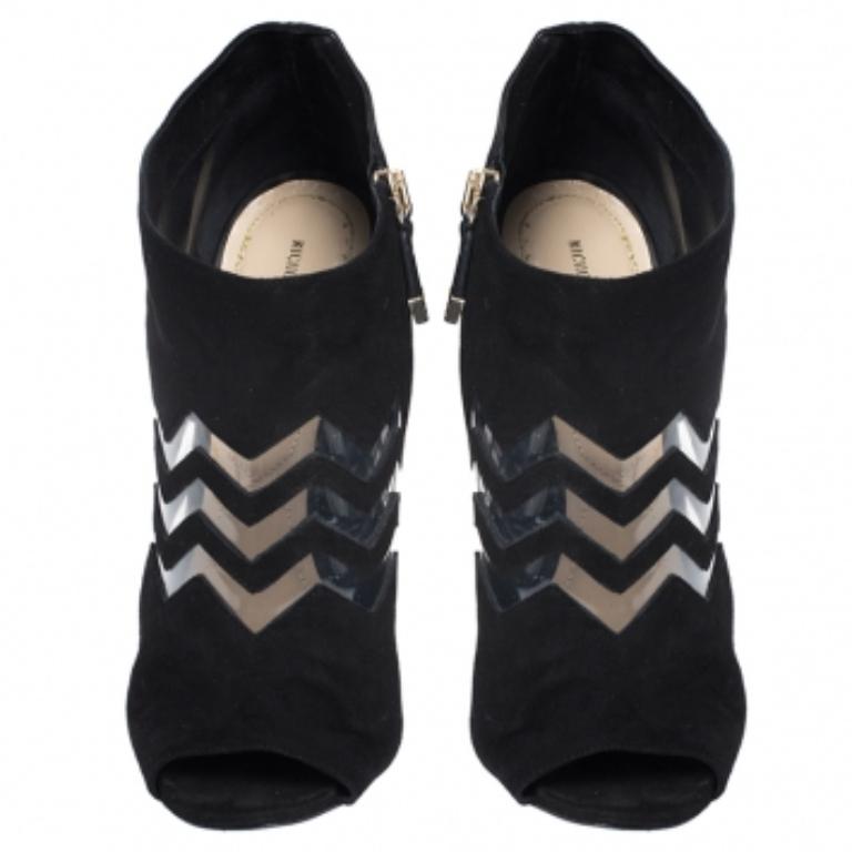 Donna Nicholas Kirkwood - camoscio nero e PVC Chevron Peep Toe Ankle Booties - misura 40 in vendita