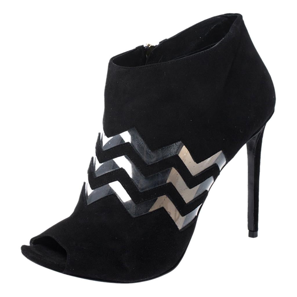 Nicholas Kirkwood Black Suede And PVC Chevron Peep Toe Ankle Booties Size 40 For Sale