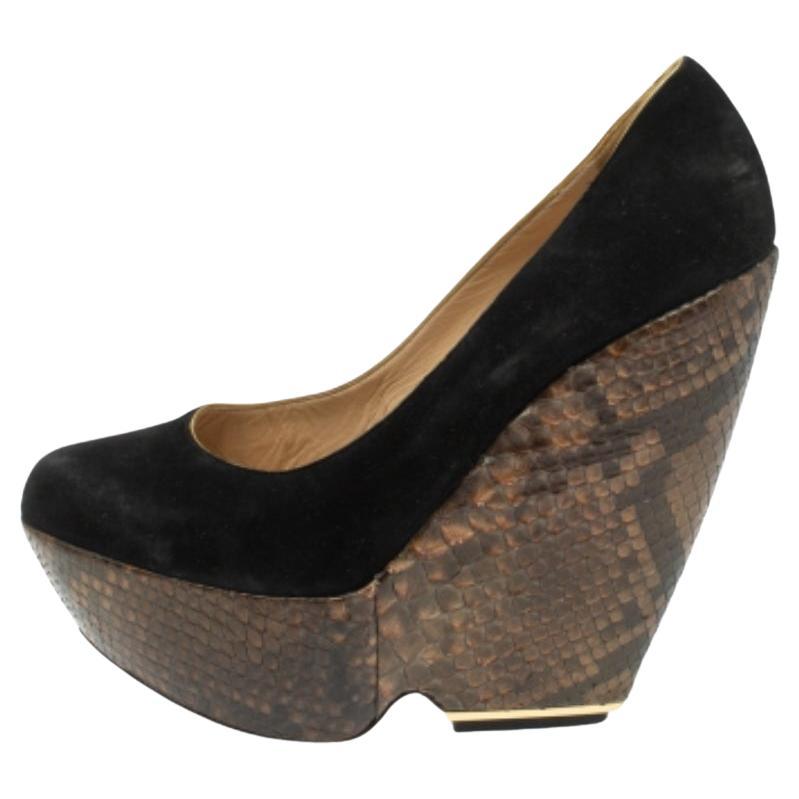 Nicholas Kirkwood Black Suede And Python Leather Wedge Platform Pumps Size 39.5 For Sale
