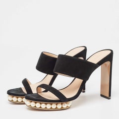 Nicholas Kirkwood Black Suede Faux Pearl Platform Slide Sandals Size 40